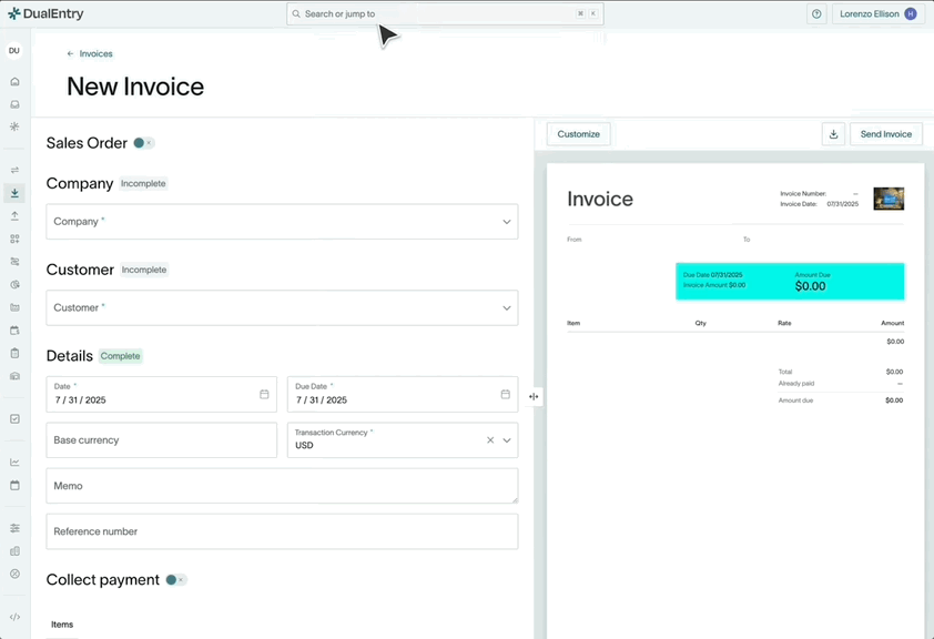 DualEntry's Core platform on how to create a new invoice